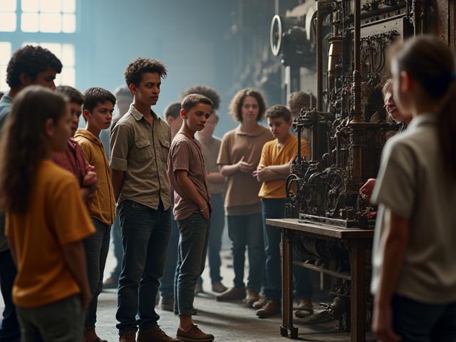Happy students exploring a historic factory floor with their teacher