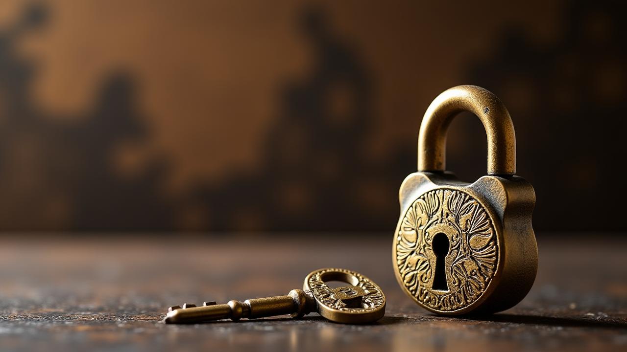 An antique brass padlock with a key, symbolizing data security and trust, against a soft, blurred background of historic industrial machinery.